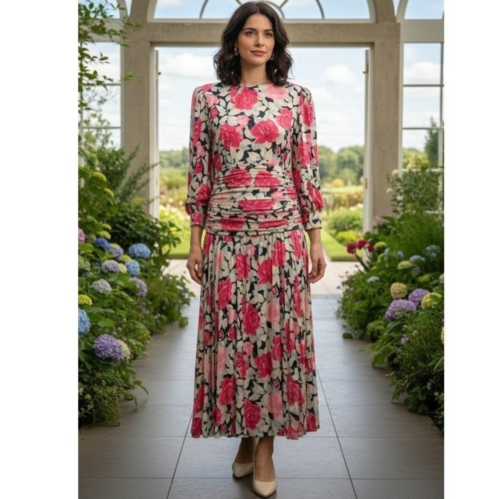 Ursula of Switzerland Dress Womens S-M Pink Floral Ruched Waist Maxi Cottagecore
